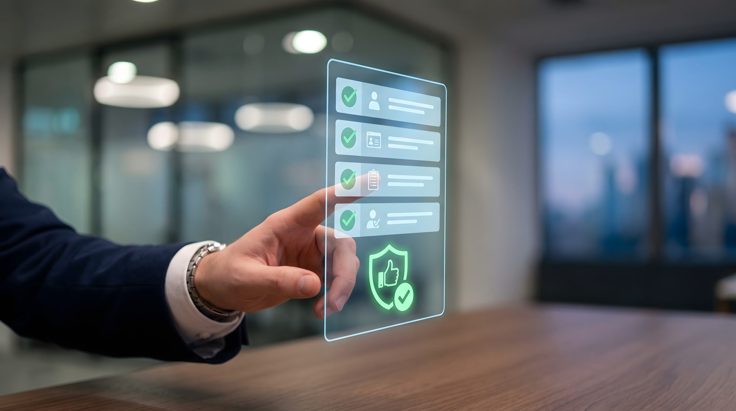 Corporate compliance officer managing digital checklist interface for business regulation verification